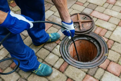Plumber cleaning an outdoor sewer drain in Littleton