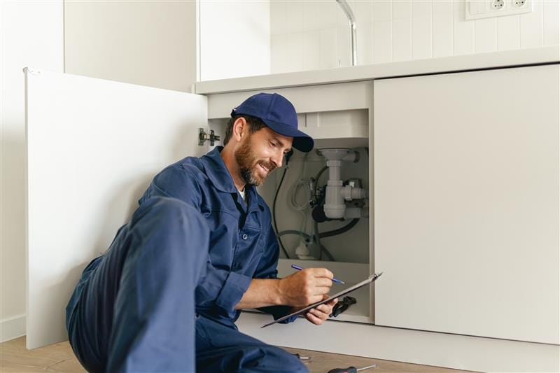 Residential plumber reviewing plumbing repairs in a Littleton kitchen